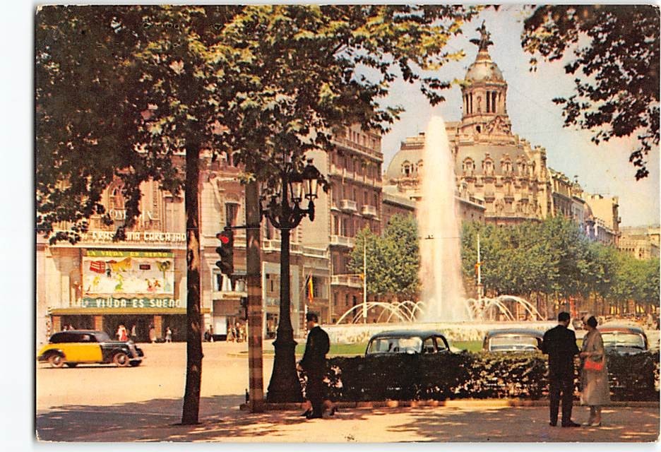 Postcard Fountain in Paseo de Gracia Barcelona Spain