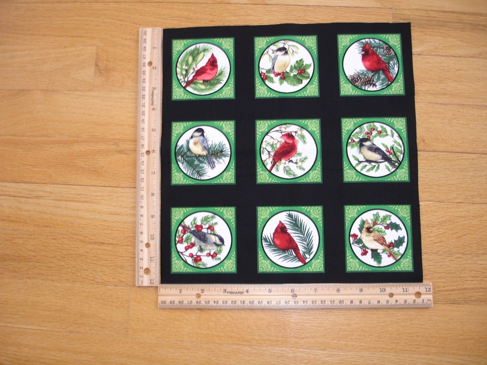 Winter Birds Cardinals Finch Berries (A)   Cotton Quilt Fabric Panel Blocks (9)