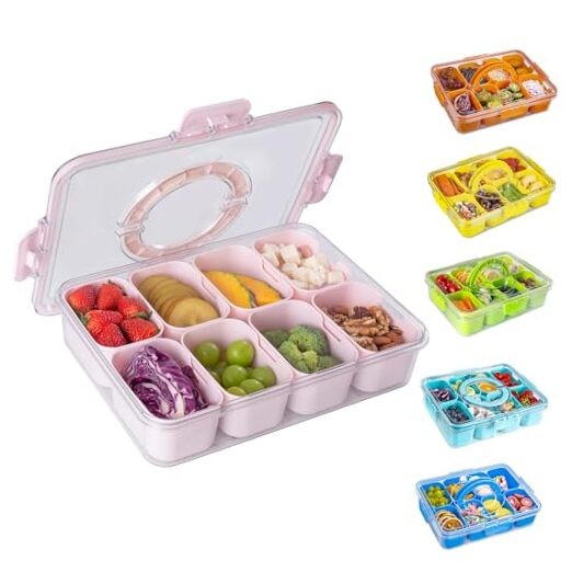 Pink 8-compartment divided snack tray with lid and handle 1 pack