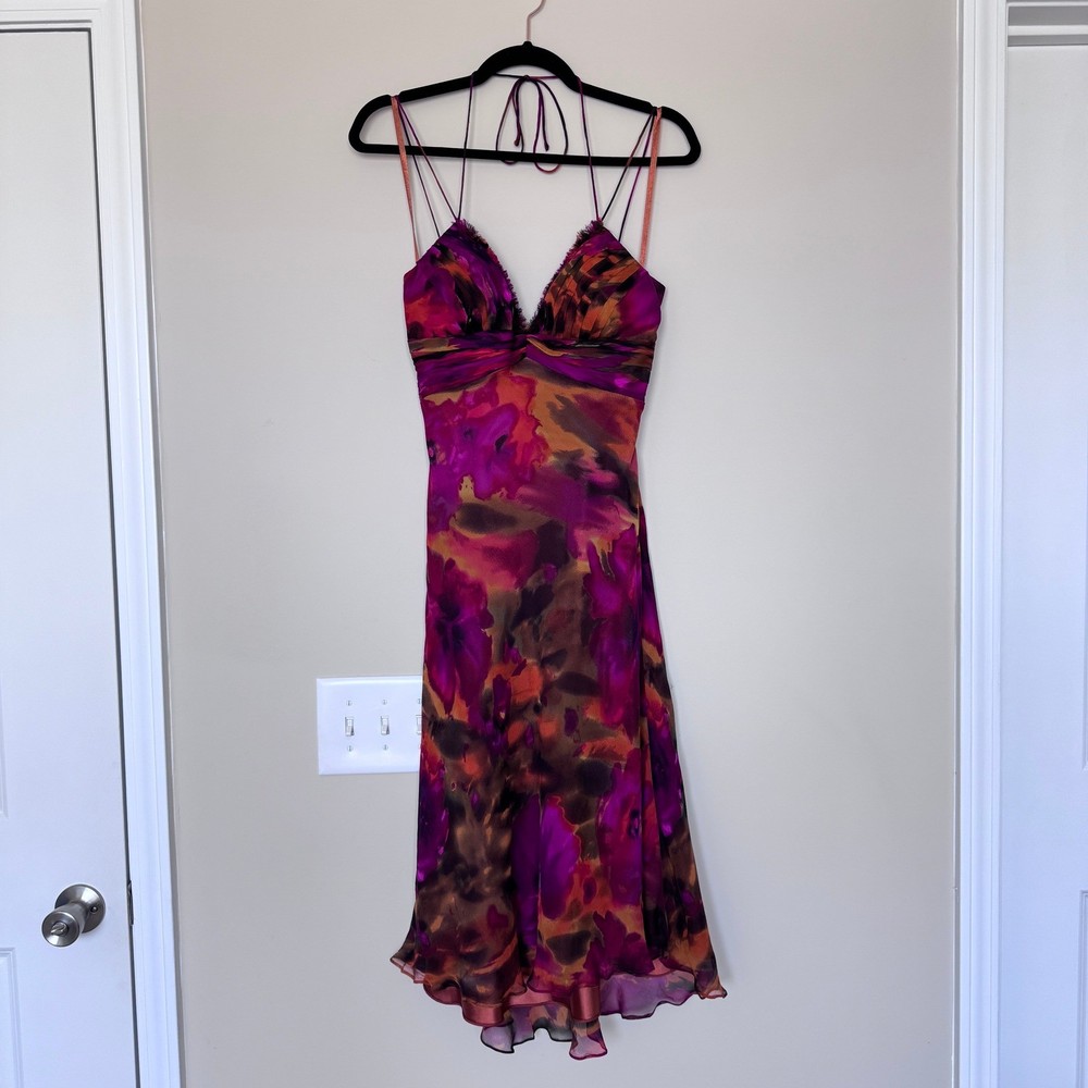 Cache Silk Floral Chiffon Midi Dress Multi Strap Halter Pink Orange Brown Sz 6