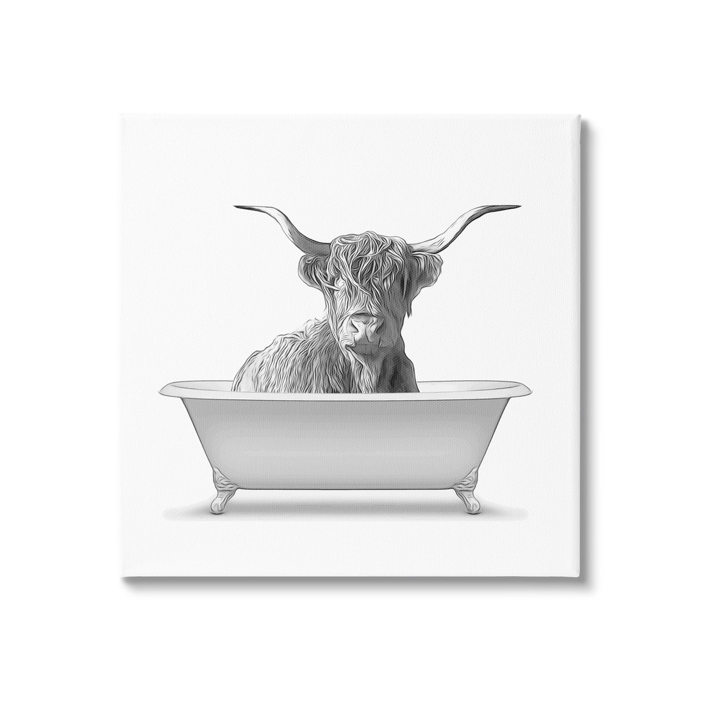 Stupell Monochrome Longhorn Cattle Bathtub Vintage Farmhouse