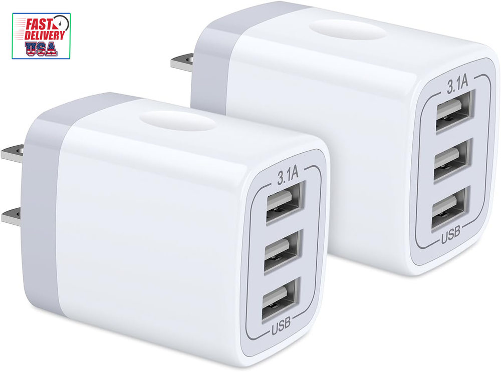 USB Wall Charger,  2Pack Wall Plug 3-Port USB Charging Station 3.1A Power Adapte
