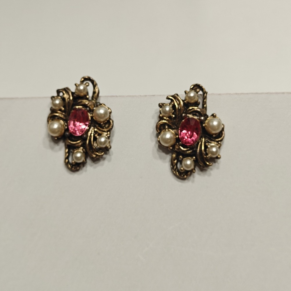 Vintage Gold Tone Clip On Earrings Pink Rhinestone Faux Pearl Statement Jewelry