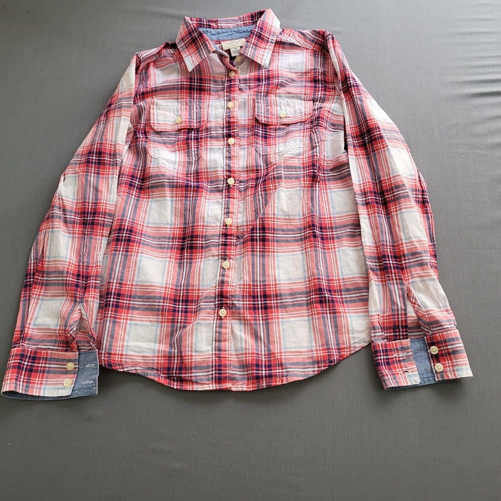 St Johns Bay Shirt Womens Petite Small Long Sleeve Button Up Pockets Plaid Pink