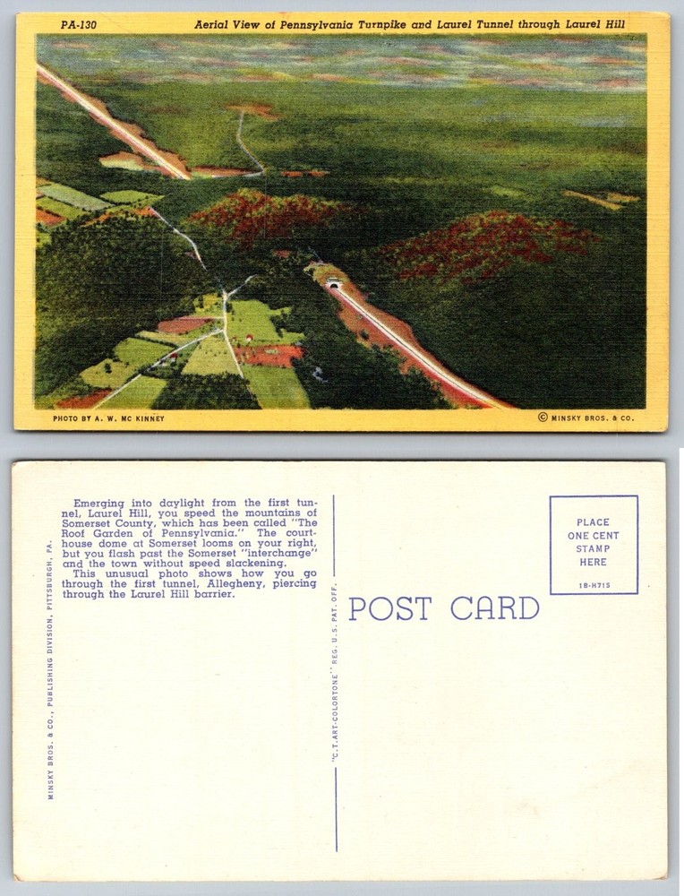 PA Turnpike Laurel Hill Tunnel Aerial View Vintage Postcard 1941 Minsky Bros.