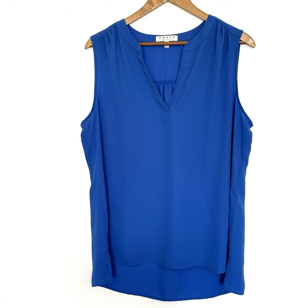 Chaus Shirt Women’s Large Blue Sleeveless V Neck Sheer Pullover Top