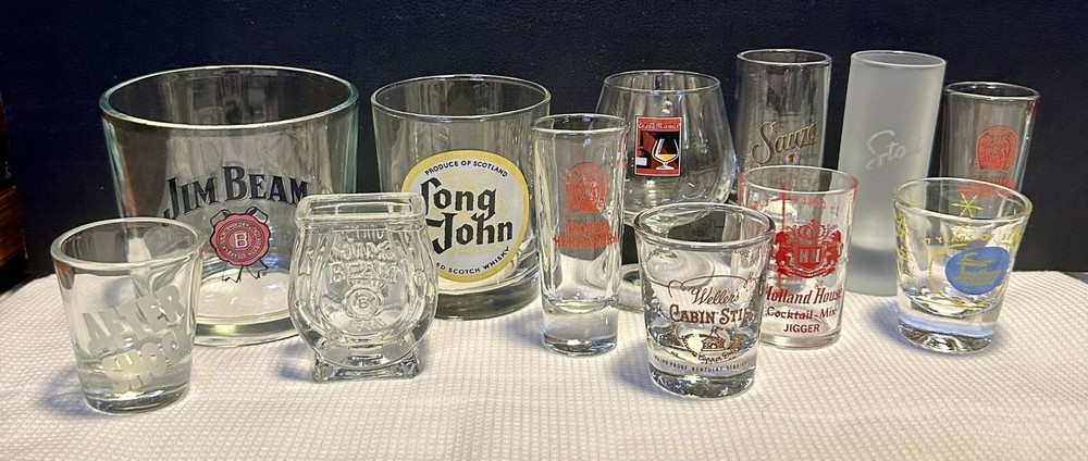 Lot Of 12 Alcohol Liquor Branded Glasses Shot Glasses
