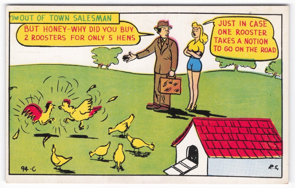 VTG Comic Postcard Laff Gram Out of Town Salesman Humor 1940s Linen Infidelity