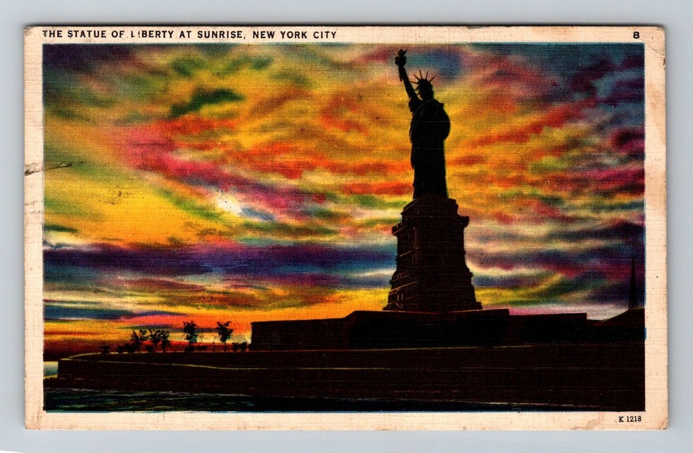 New York City NY, Statue of Liberty Sunrise Silhouette Vintage Postcard