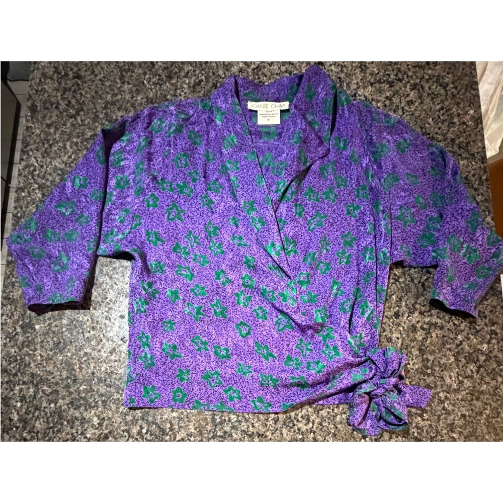Joanie Char Vintage 100% Silk Wrap Blouse Purple Green Floral Star Top Size 12