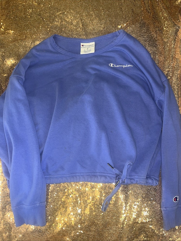 Champion Sweatshirt Women's Medium Blue Scoop Neck Drawstring Cropped Logo