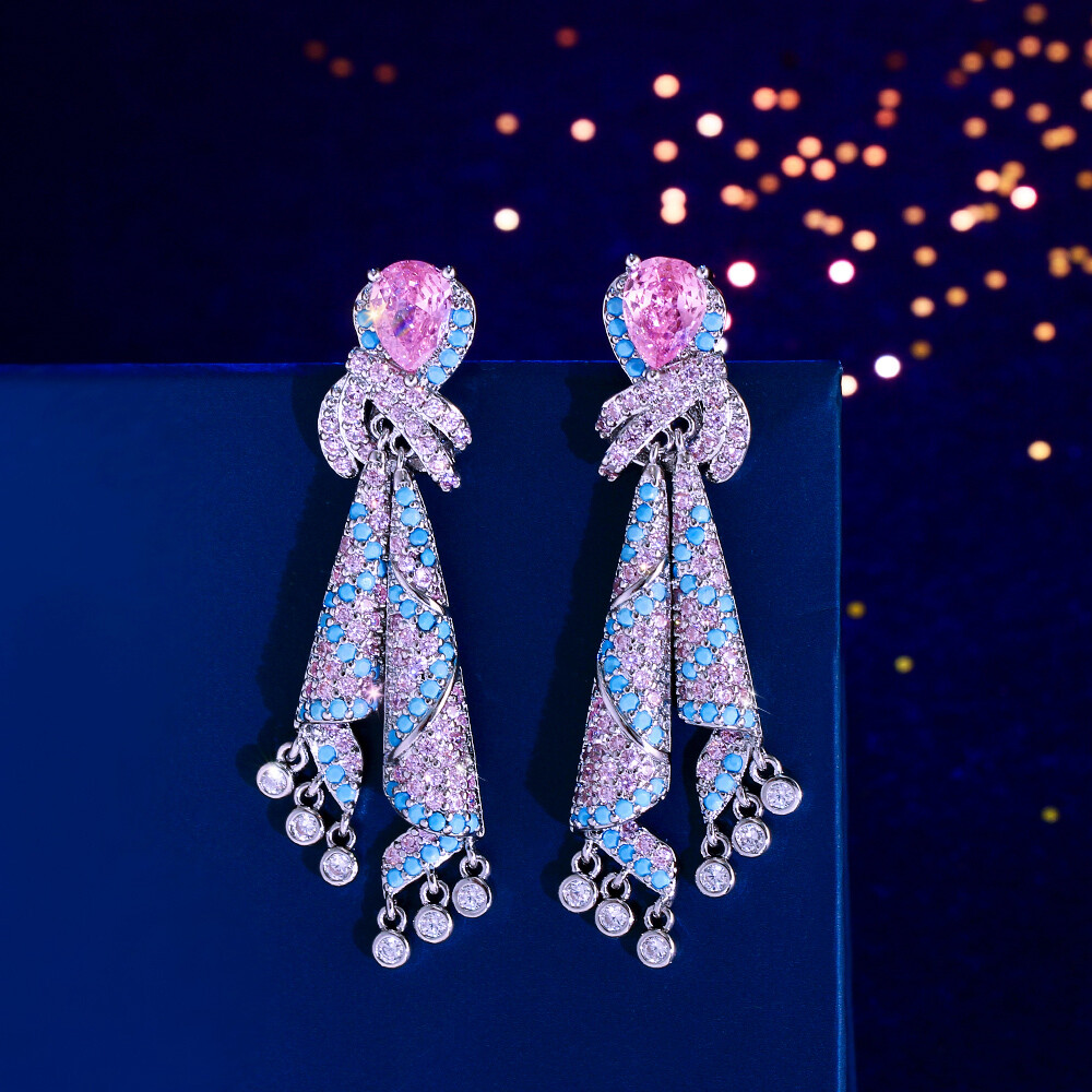 Silver Plated CZ Pink Micro Pave Round Dangle Drop Earrings Classy Women Jewelry