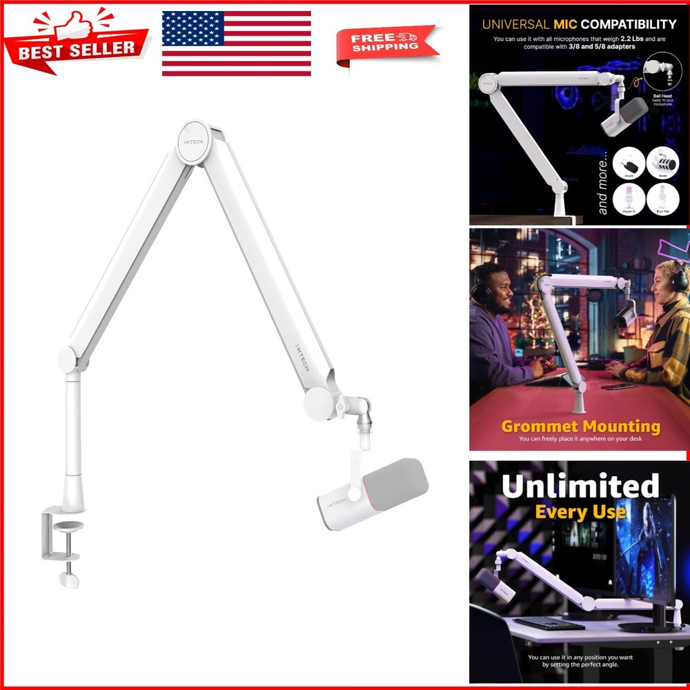 Universal Compatibility White Boom Arm with Extra Height for Podcasting & Gaming