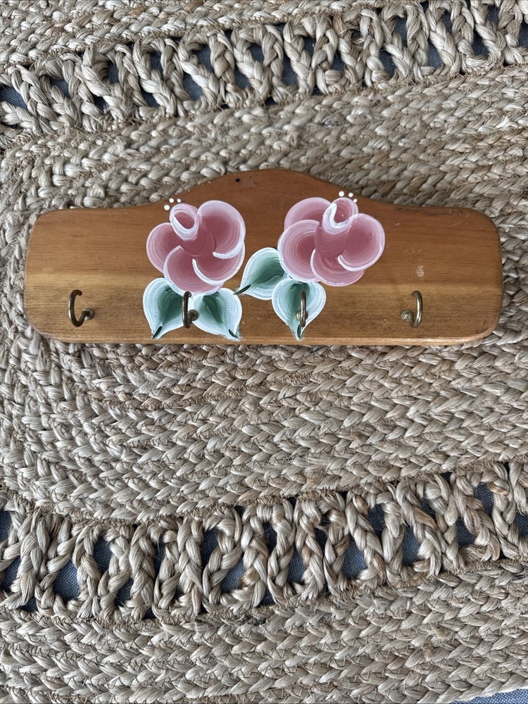 Vintage MCM Cottage Granny Core Hand painted Wall Hooks Floral Wood 9”