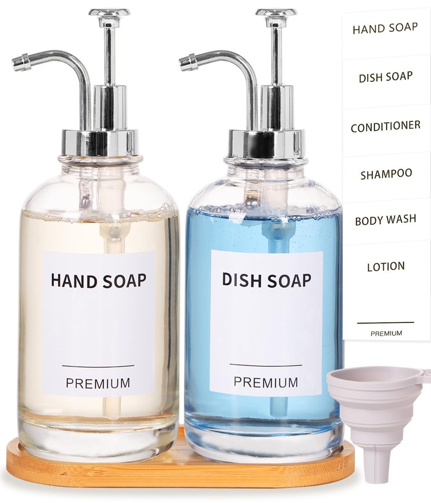 Dish Soap Dispenser for Kitchen, Hand Glass Soap Dispenser Set with Pump, Tra...