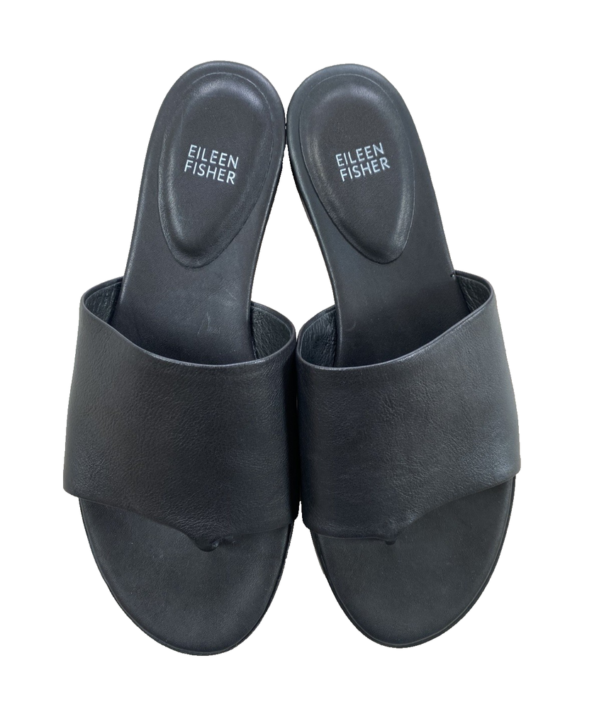 EILEEN FISHER Edge Black Leather Slide Sandals Size 10
