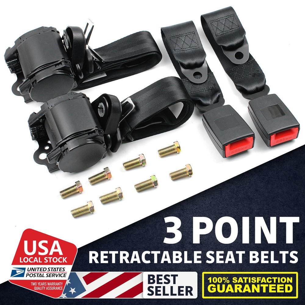 2x Retractable 3 Point Safety Seat Belt Straps Car Vehicle Adjustable Belt Black