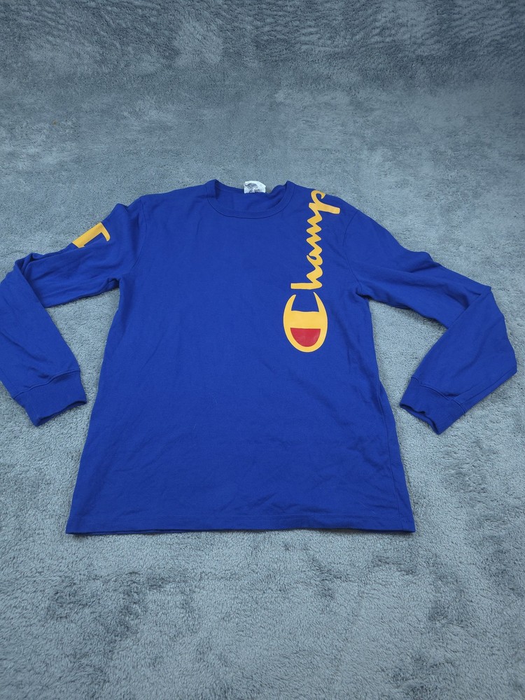 Champion Shirt Mens Medium Blue Long Sleeve Big Spell Out Logo Athletic Crewneck