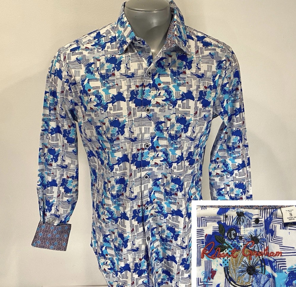 Robert Graham S Small Long Sleeve Shirt Blue Abstract Geometric Flip Cuffs Mens