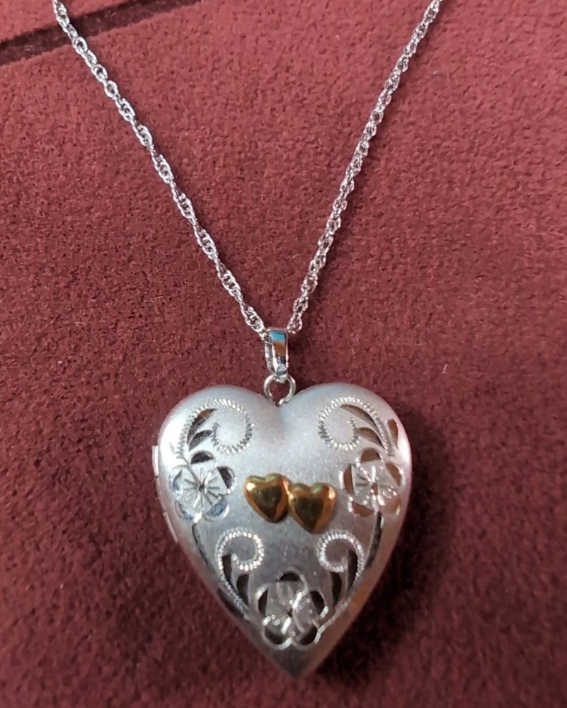 Gorgeous Sterling Silver 925 and 14k Gold Accent Heart Locket Pendant Necklace