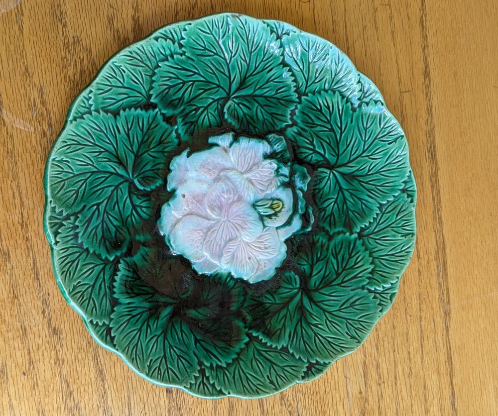 Antique Green Majolica Plate With Geranium Leaves, Bud And Flower