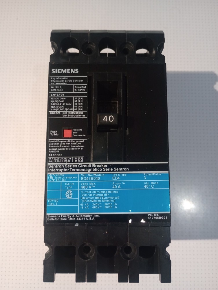 Siemens 40 Amp ED43B040 Circuit breaker 3P 480V