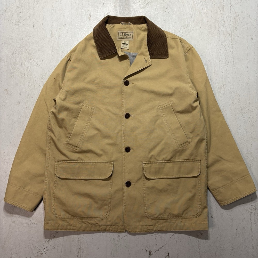 Mens LL Bean Chore Barn Button Up Tan Corduroy Collared Work Jacket Coat Size L