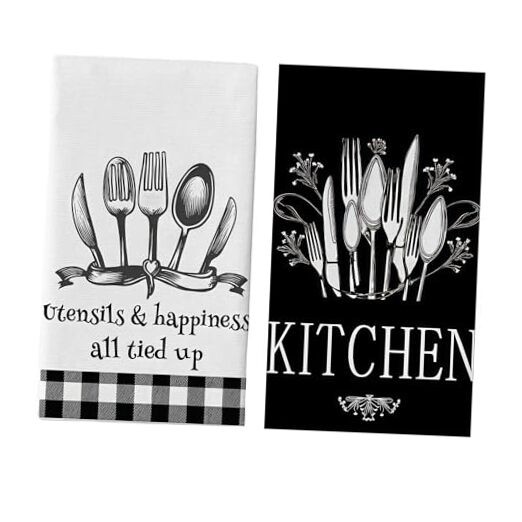 2 Pack Absorbent Black Kitchen Towels with Utensils Print for Quick Drying Tableware