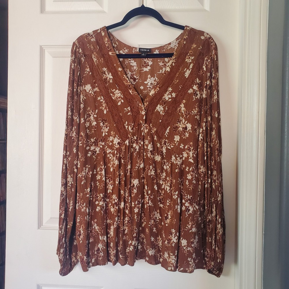 Torrid Brown Floral Blouse Babydoll Peasant Bohemian Loose Fit Pullover Size 2