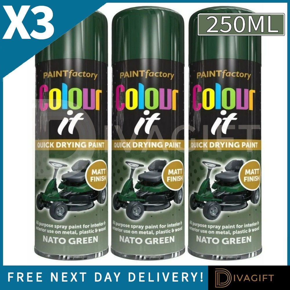 3 x NATO GREEN ALL-PURPOSE MATT FINISH SPRAY PAINT 250ML FOR METAL WOOD PLASTIC
