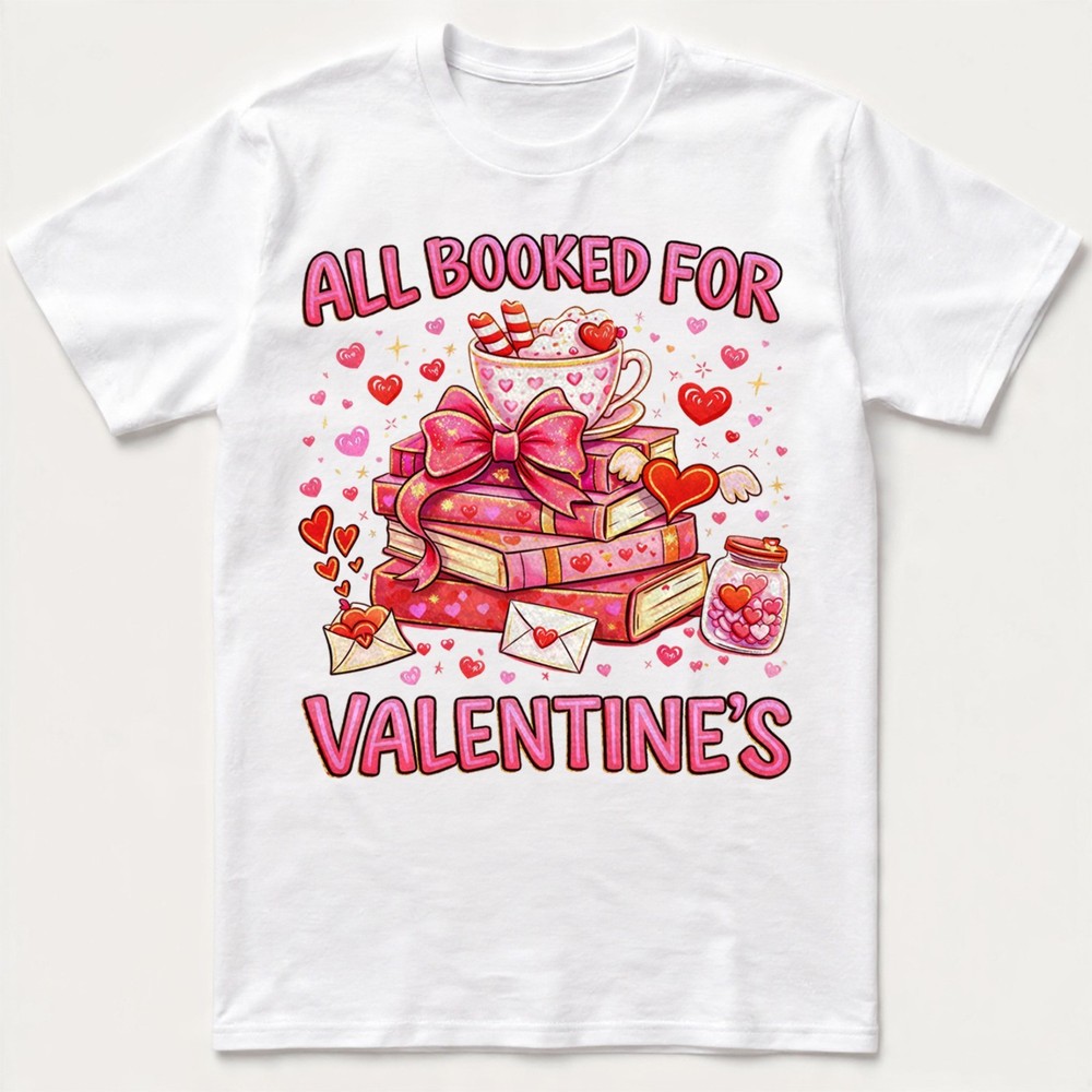 All Booked for Valentines Day T-Shirt Reader Teacher Librarian Funny Book Tee