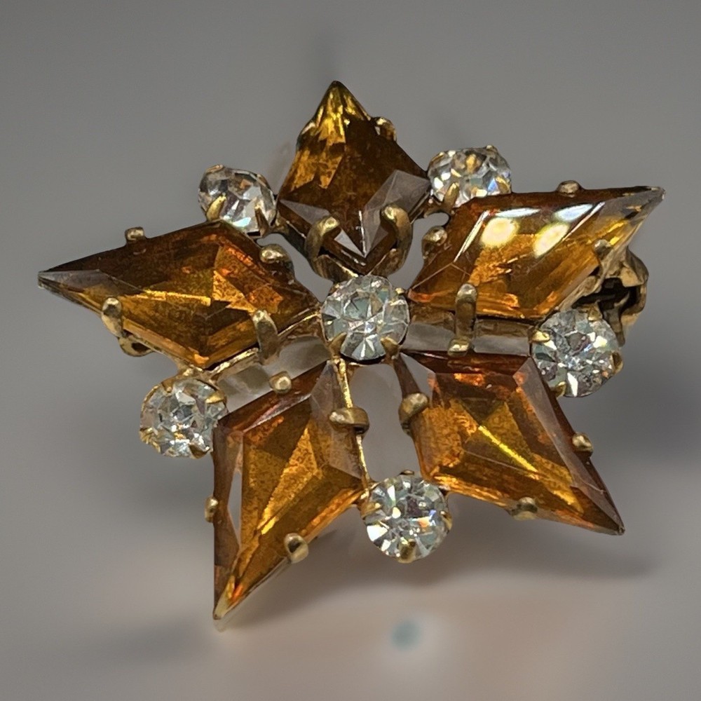 VTG. Celestial Star Deep Amber & Clear Prong Rhinestone Gold Tone Brooch 1 3/8”