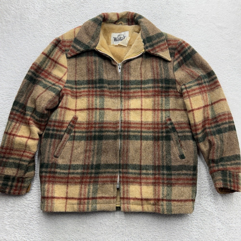 Vintage Woolrich Plaid Wool Jacket Mens Large Faux Fur Lined Talon Zip USA Made