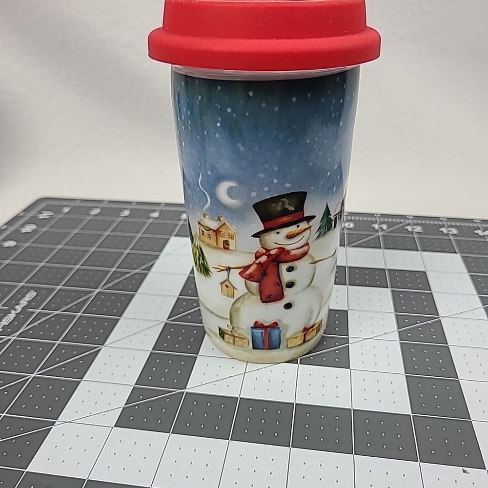 Pier1 Porcelain Coffee Mug Tumbler Lid Snowman Christmas Cottage 16oz NWOT
