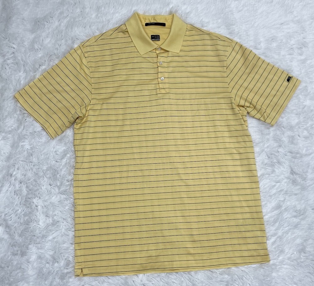 Nike Tiger Woods Mens Golf Polo Shirt Size L Large Yellow Striped Short Sleeve
