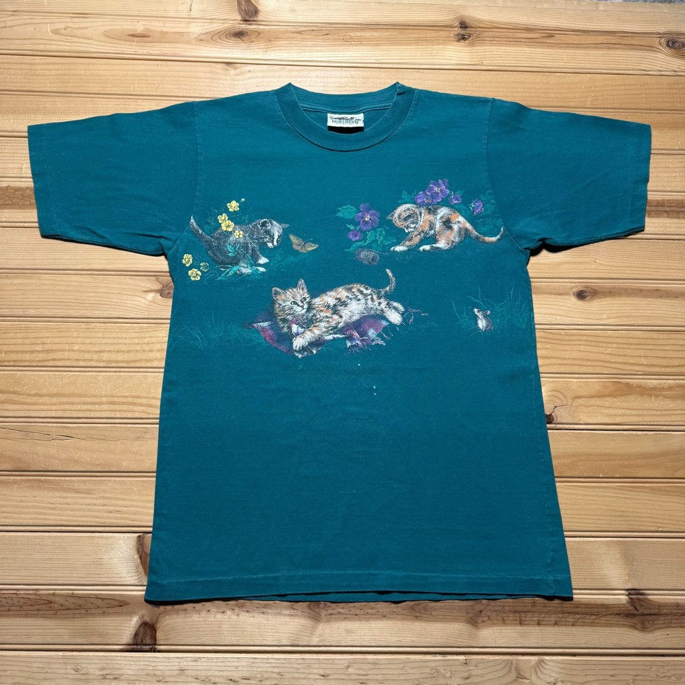 Vintage 90s Kittens Cat Flowers Pets Floral Double Sided Graphic T-Shirt Medium
