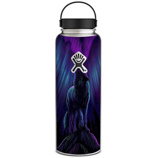 Skin Decal for Hydro Flask 40 oz Wide Mouth / Wolf in glowing purple background