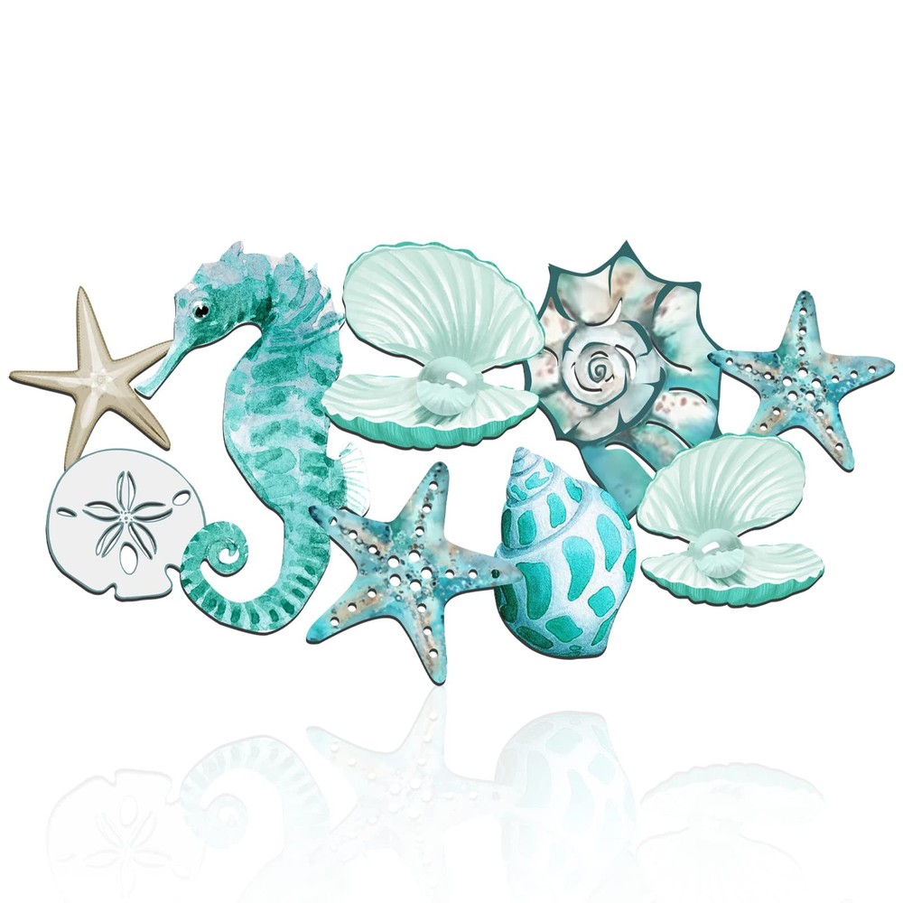 Rustic Nautical Metal Beach Wall Art with Seashell Design for Bathroom Decor
