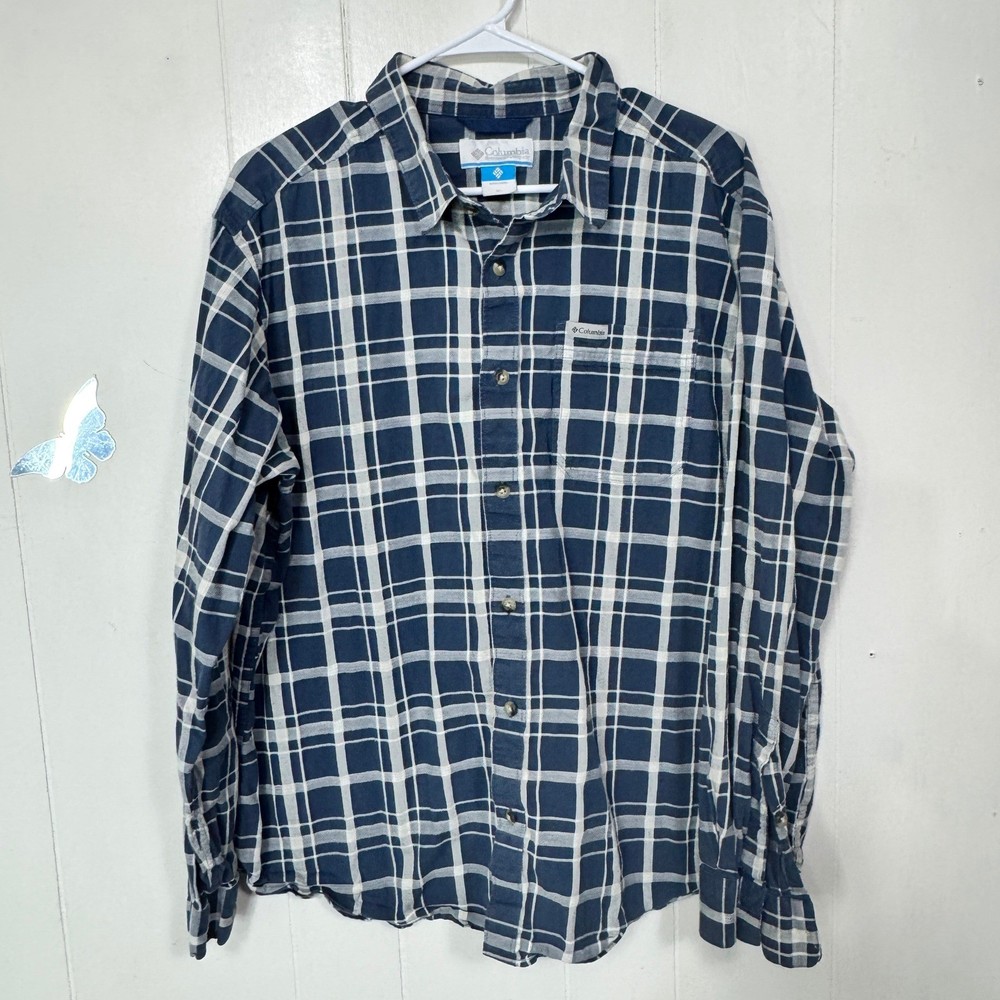 Columbia Mens XL Button Down Shirt Long Sleeve Plaid Blue White Casual Outdoors