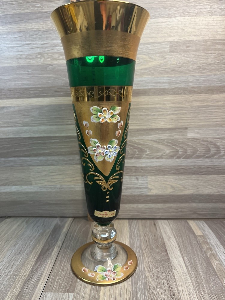 Vintage Venetian  Hand Painted Floral Green Art Glass High Enemal Gold Gilt Vase
