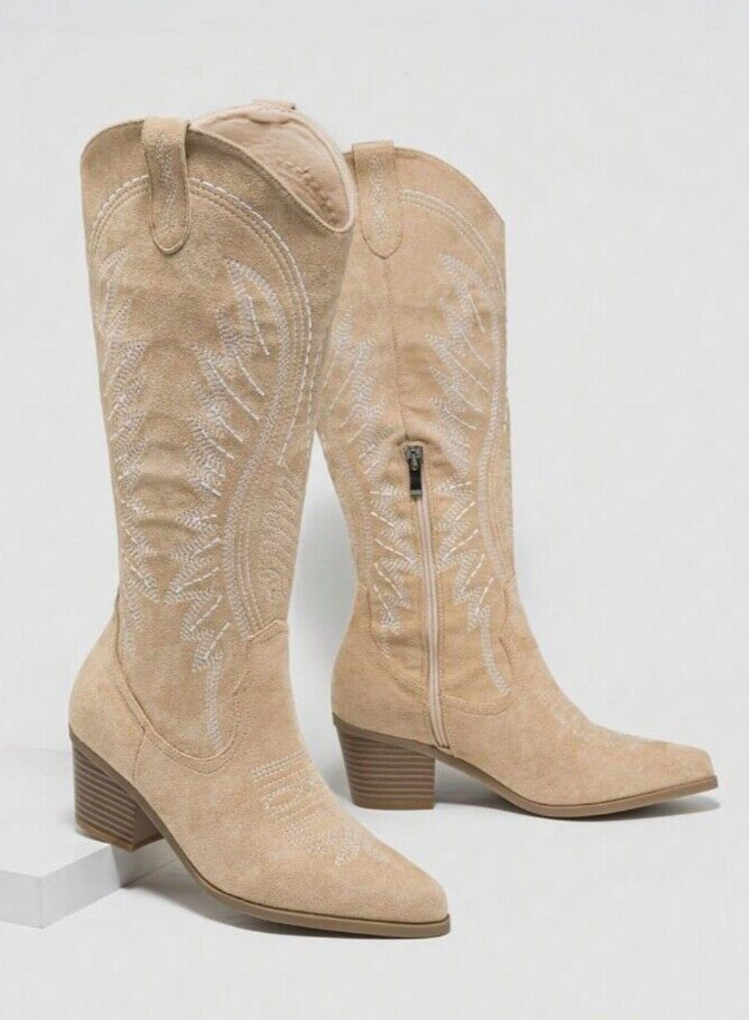Women's Western Embroidered Pointed Toe Pull-On Knee High Boots - Size 6.5