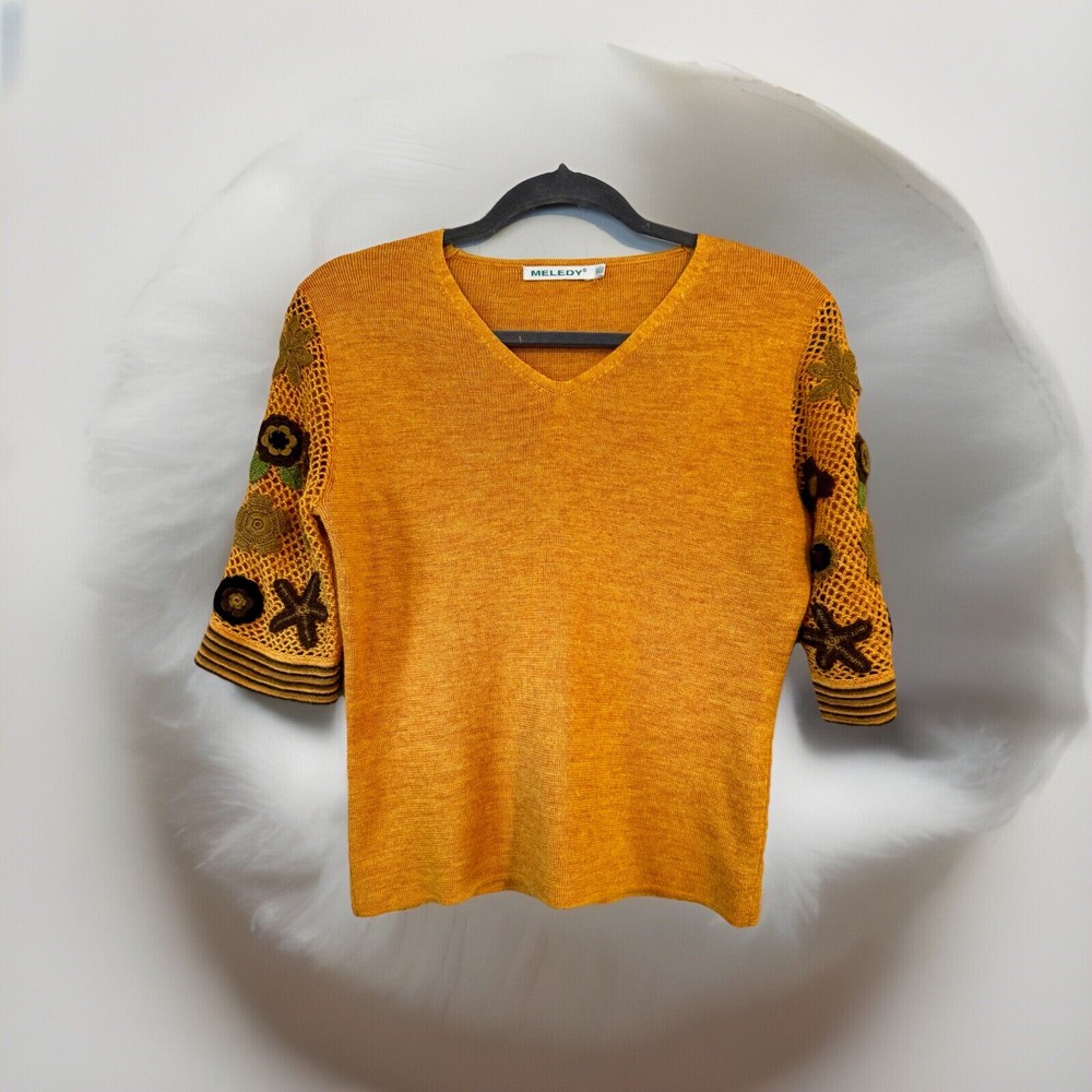 Lovely Vtg Wool Blend Crochet Embroidered Floral Sleeve Springtime Yellow Top S