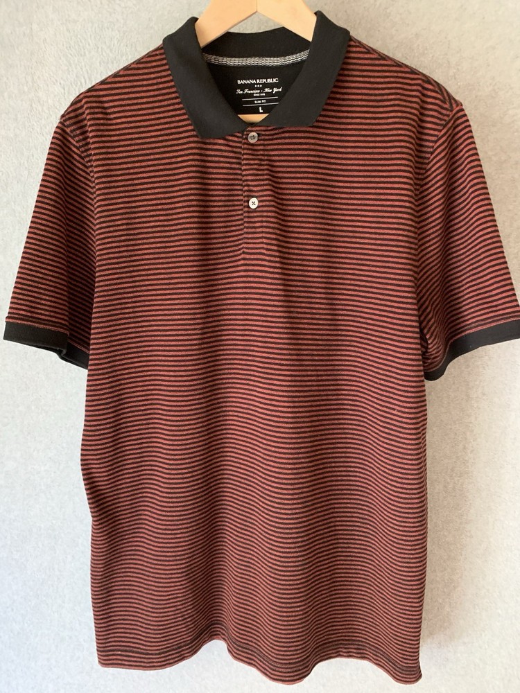 Banana Republic Mens Slim Fit Polo Sz L Red Black Striped Office Career Golf