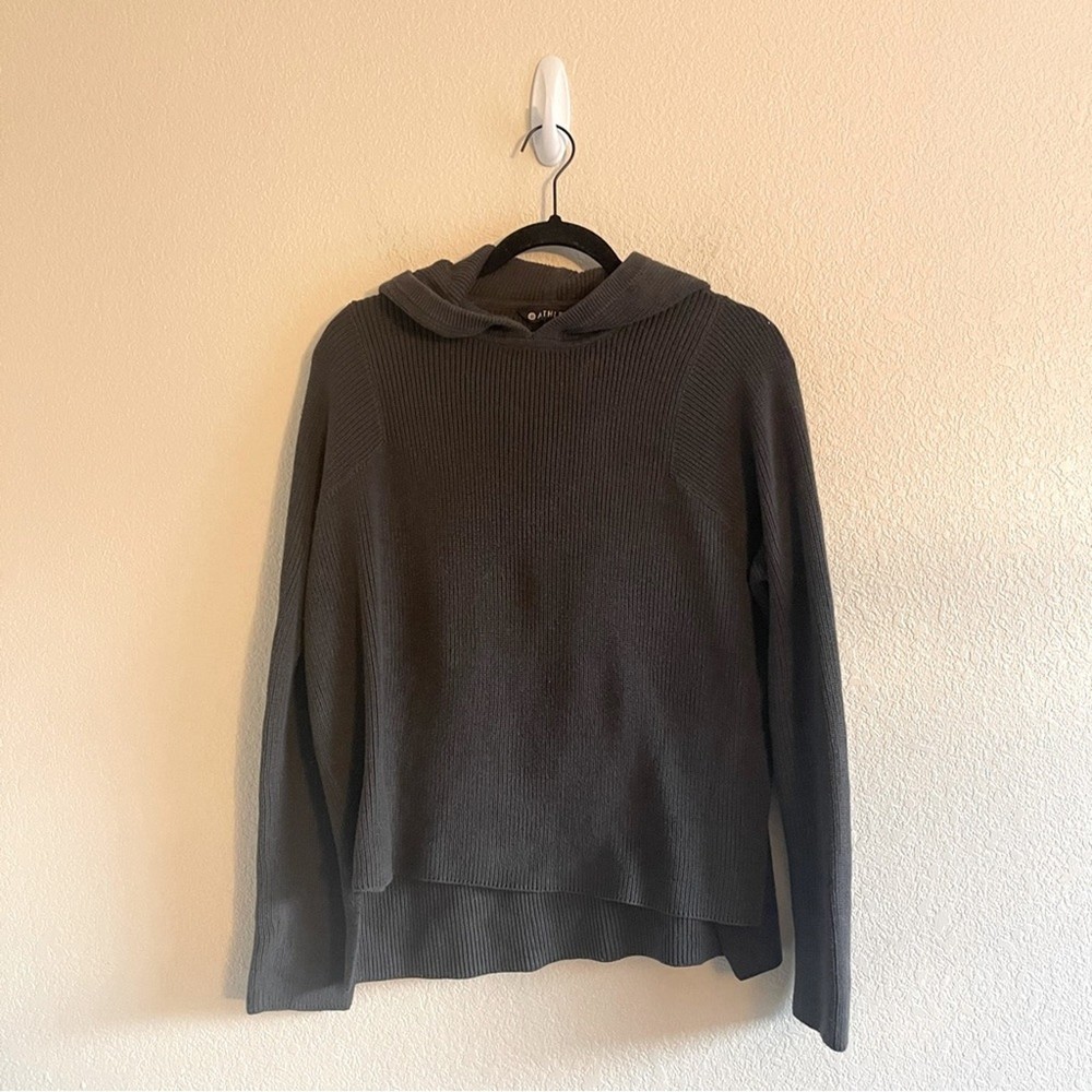 Athleta Rest Day Hoodie Ribbed Olive Green Knit Sweatshirt Women's Size Small