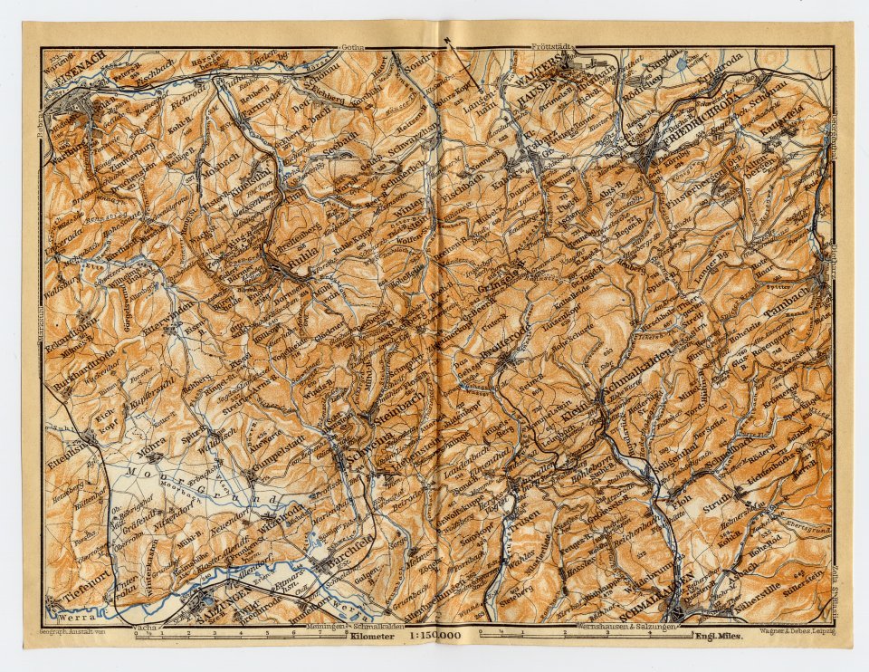 1910 Original Antique Map Of Thuringian Forest Western Part / Germany