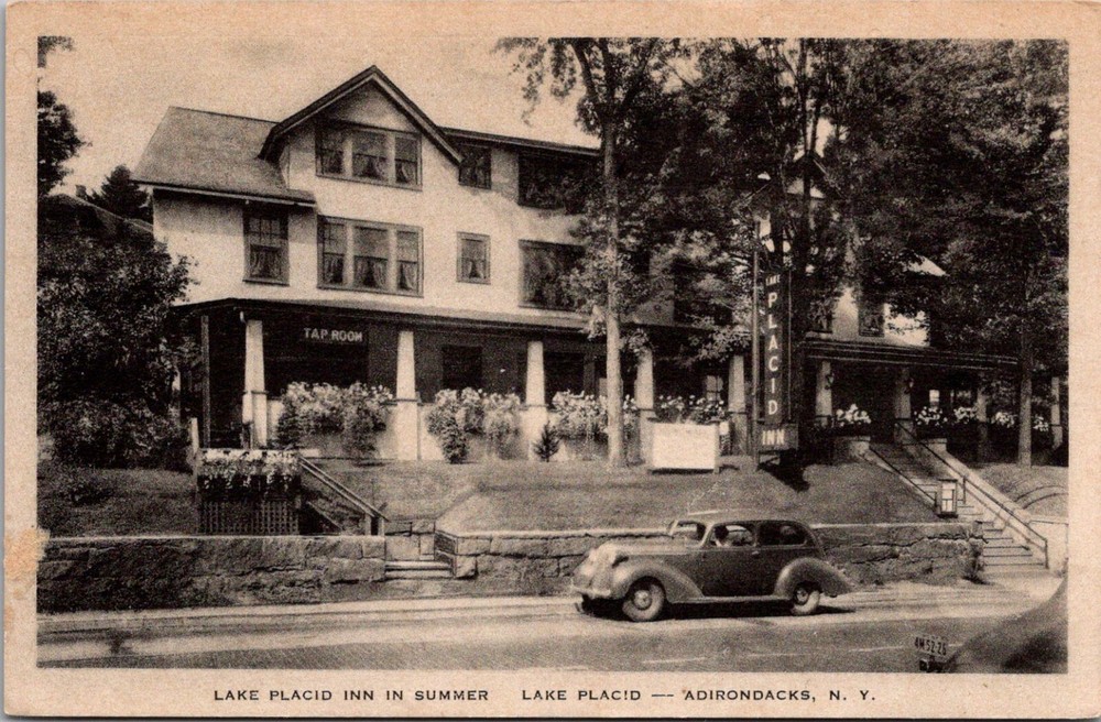 Lake Placid Inn in Summer, Lake Placid NY Tap Room Vintage Postcard H42