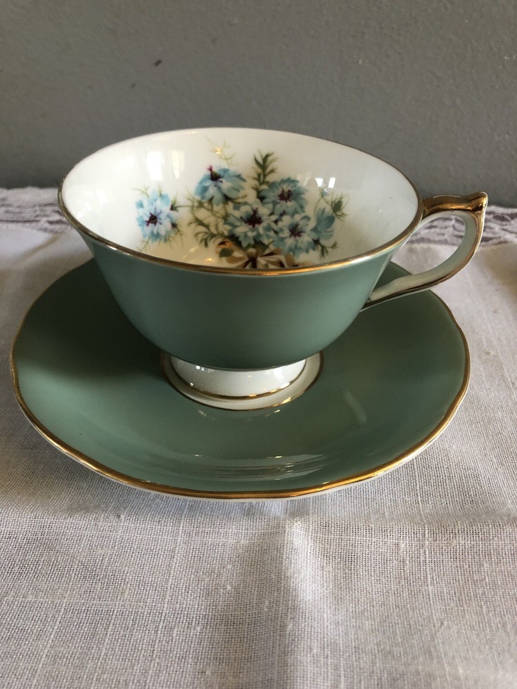 Vintage Aynsley Sage Green Teacup & Saucer Blue Flowers