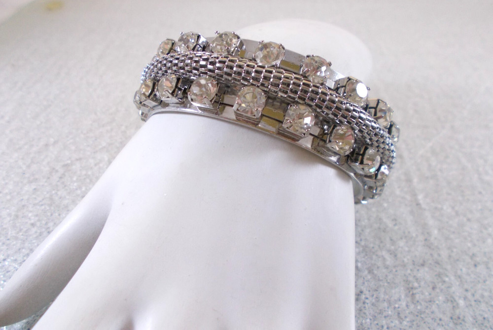 Silver Tone Rhinestone With Mesh Accent Wide Cuff Bling Bracelet Free Shipping