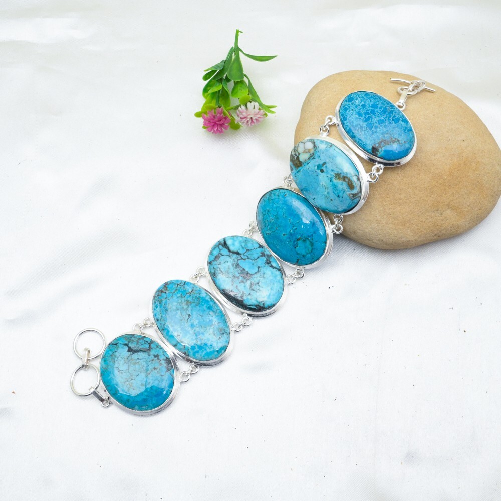 Turquoise 925 Sterling Silver Handmade Chain Bracelet Gift for Women