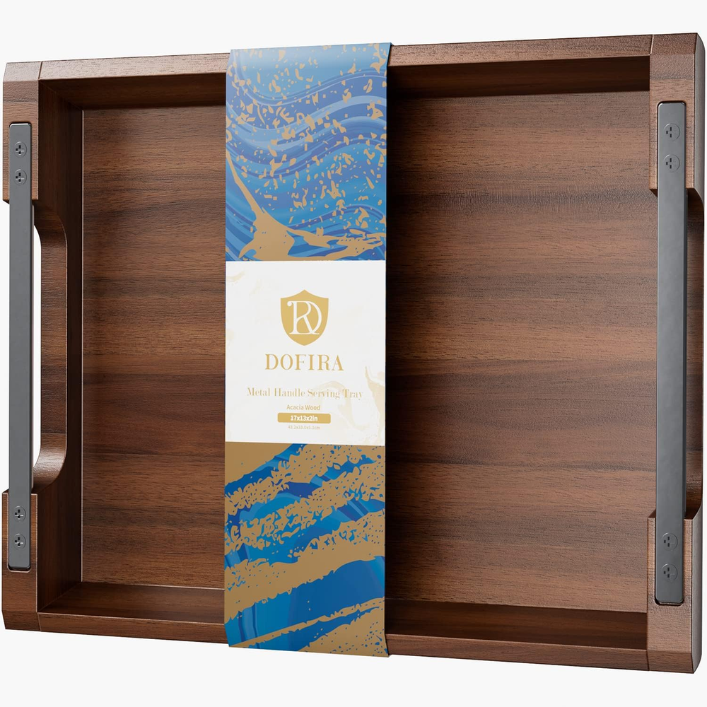 Acacia Wood Serving Tray with Sturdy Metal Handles for Food Drinks Coffee 17x13 Inches-image